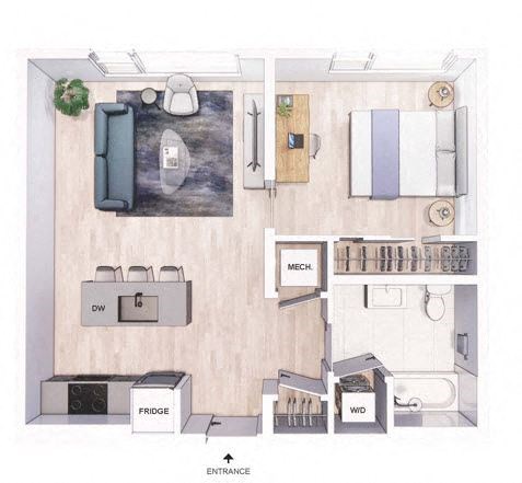 Floor plan for 1 bed, 1 bath, 620 sqft